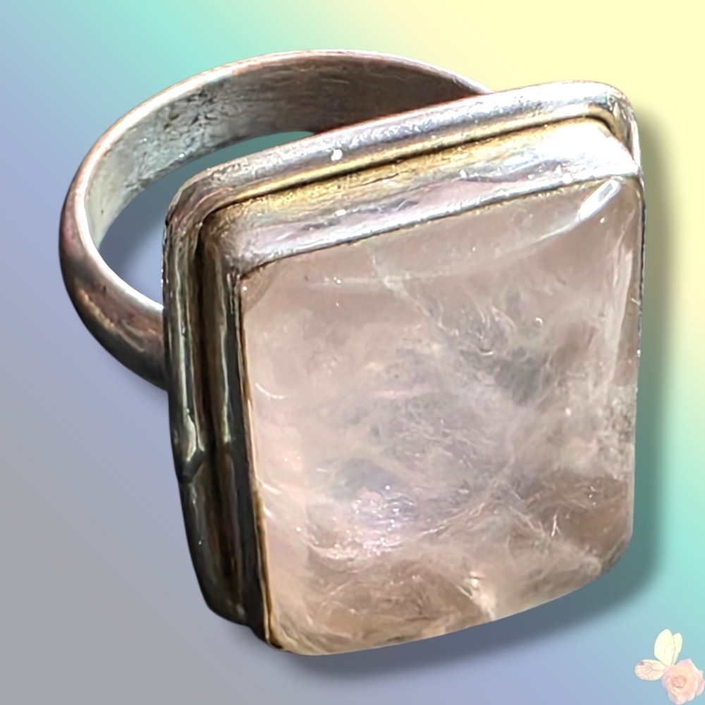 Rose Quartz Modernist Statement Ring Silver Tone Size 7.5 961